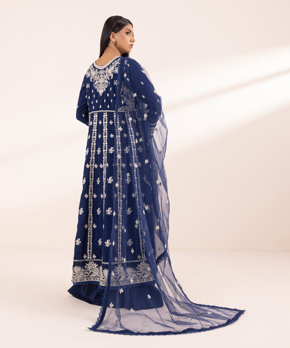 Women's Pret Raw Silk Embroidered Blue 3 Piece Pishwas