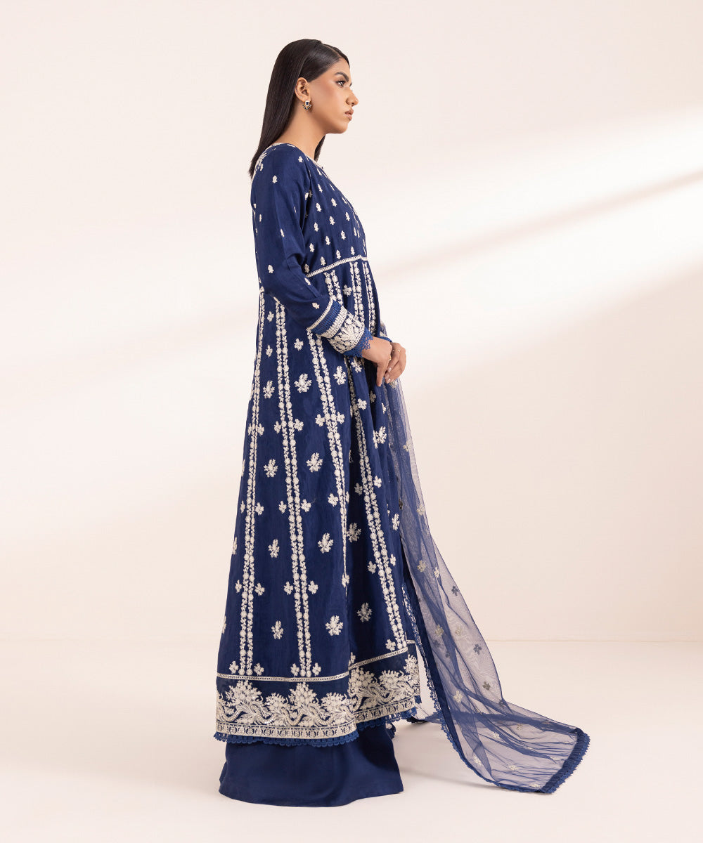 Women's Pret Raw Silk Embroidered Blue 3 Piece Pishwas