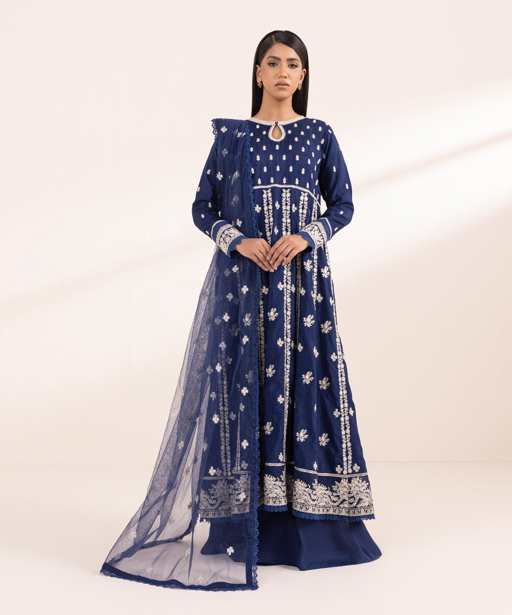 Women's Pret Raw Silk Embroidered Blue 3 Piece Pishwas