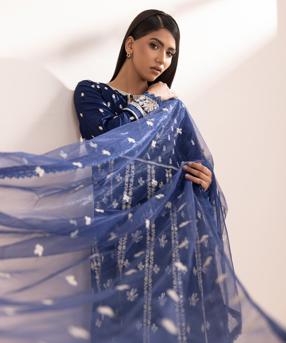 Women's Pret Raw Silk Embroidered Blue 3 Piece Pishwas