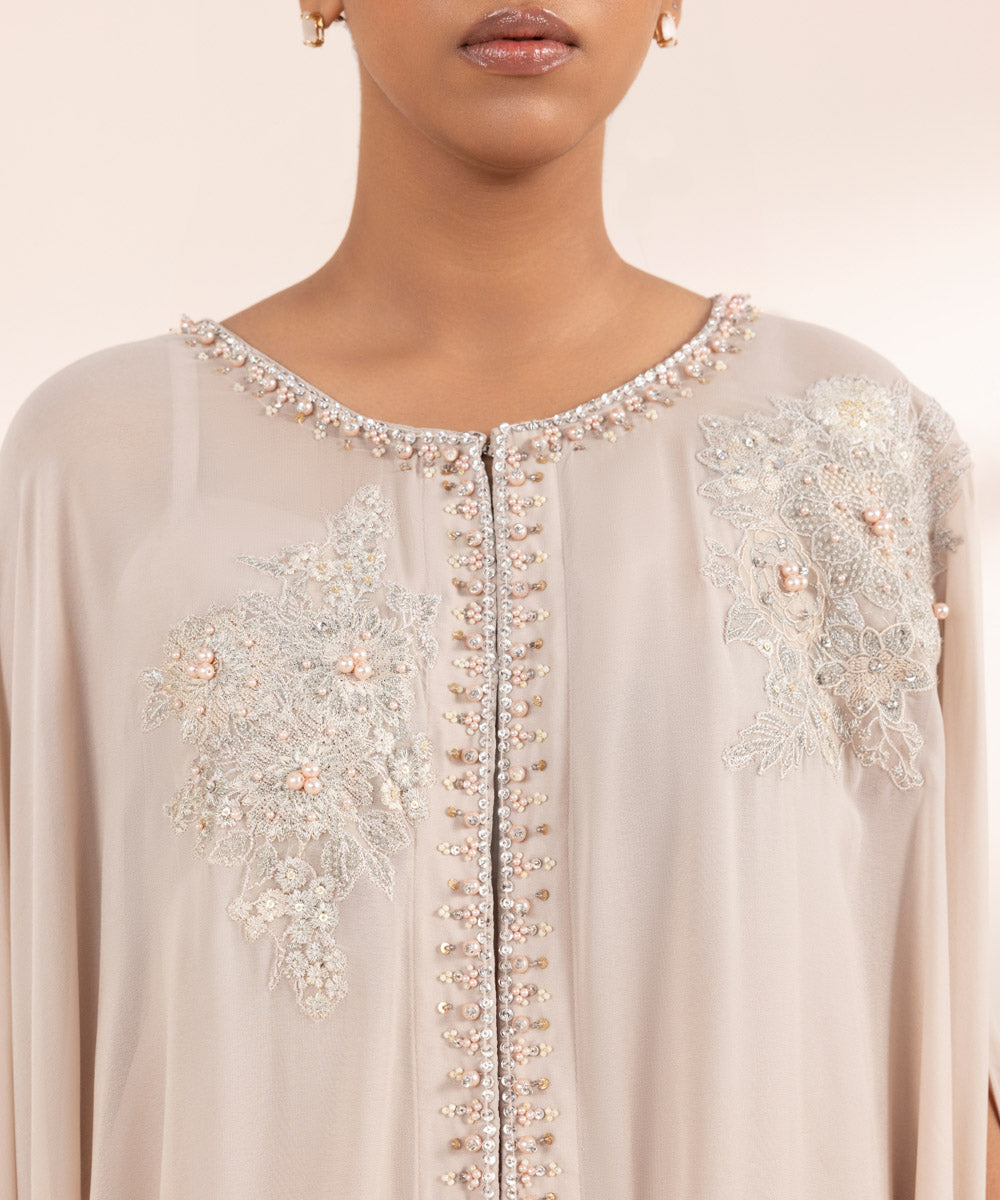 Women's Pret Bemberg Georgette Chiffon Embroidered Beige 2 Piece Kaftan