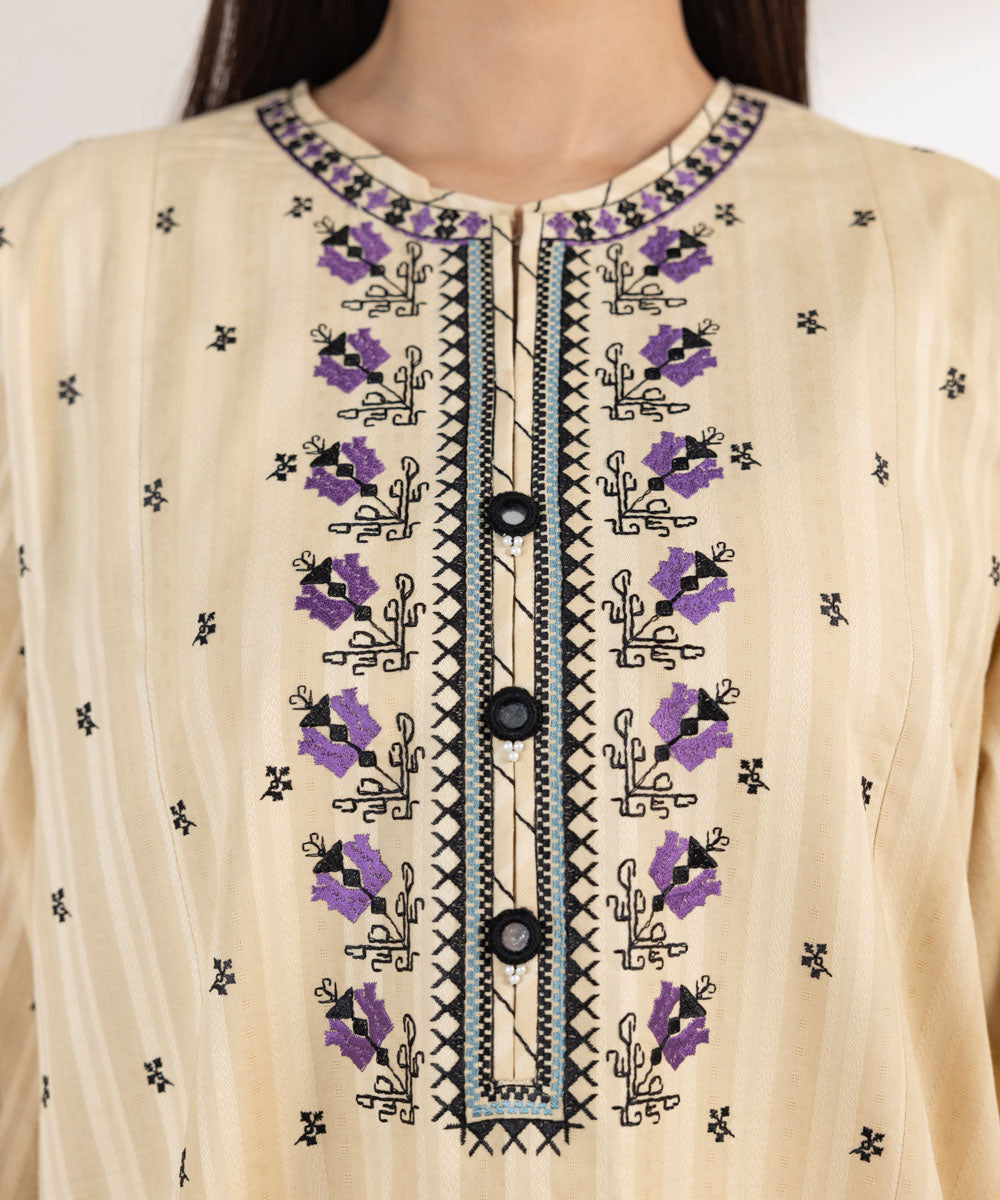 Women's Pret Dobby Embroidered Beige Boxy Shirt