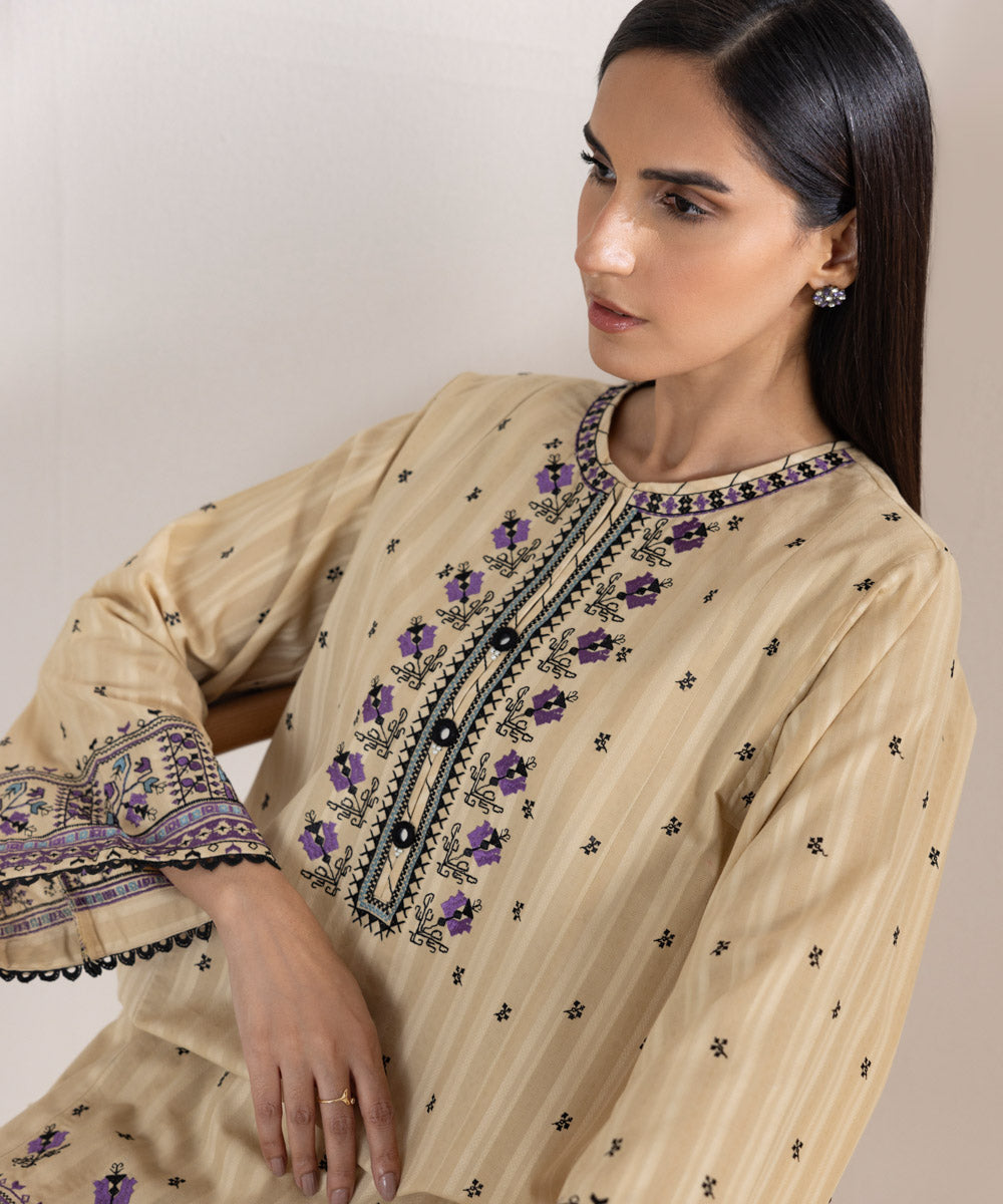 Women's Pret Dobby Embroidered Beige Boxy Shirt