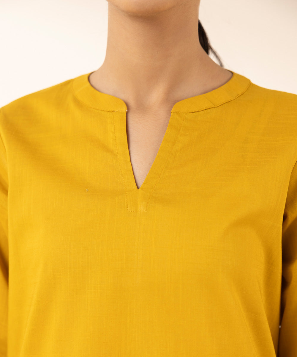 Women's Pret Cross Hatch Solid Yellow A-Line Shirt