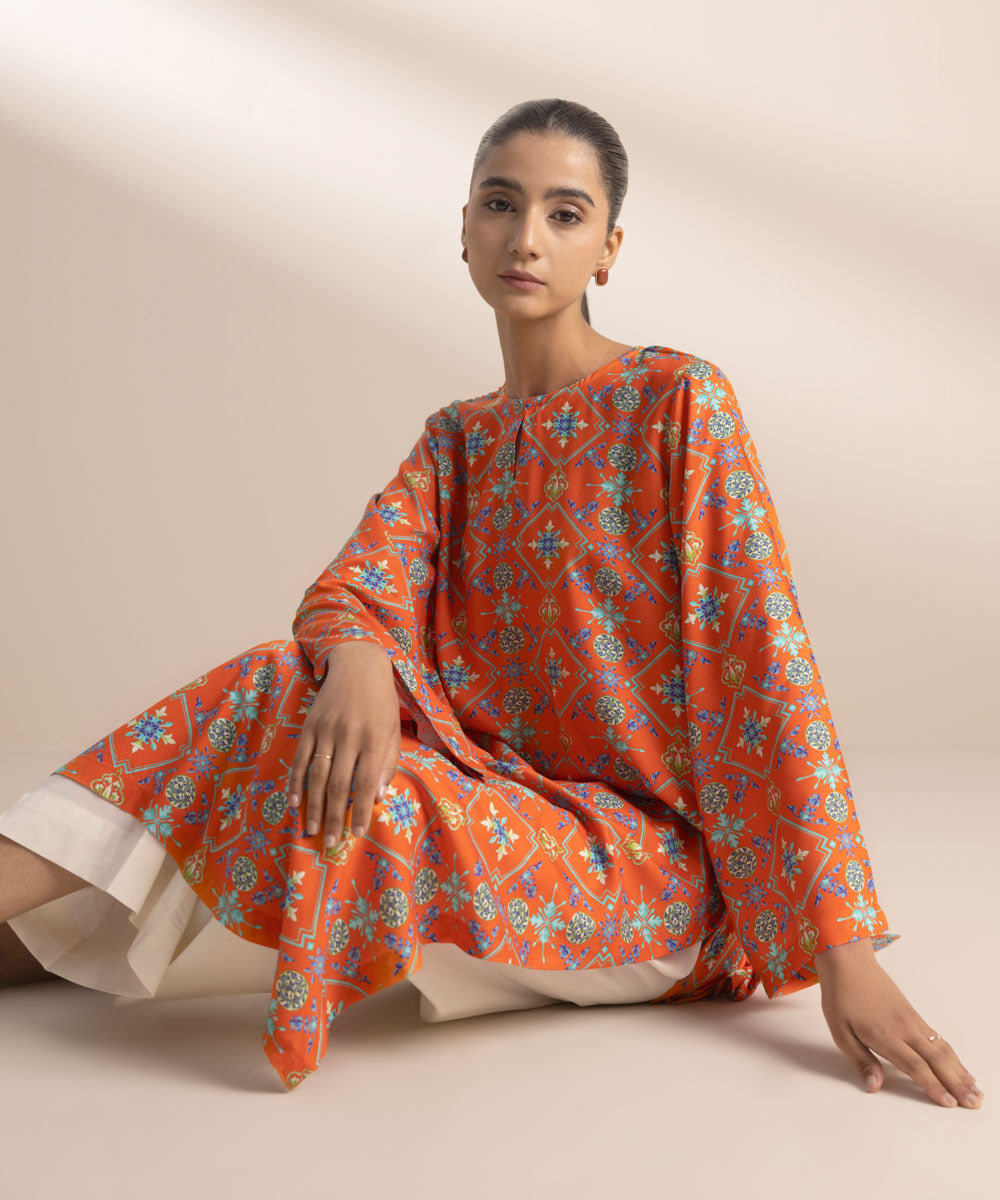 Women's Pret Arabic Lawn Printed Orange A-Line Shirt