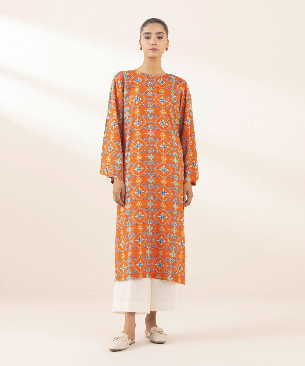 Women's Pret Arabic Lawn Printed Orange A-Line Shirt