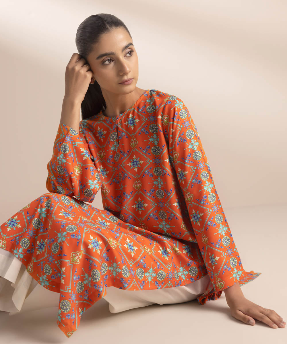 Women's Pret Arabic Lawn Printed Orange A-Line Shirt