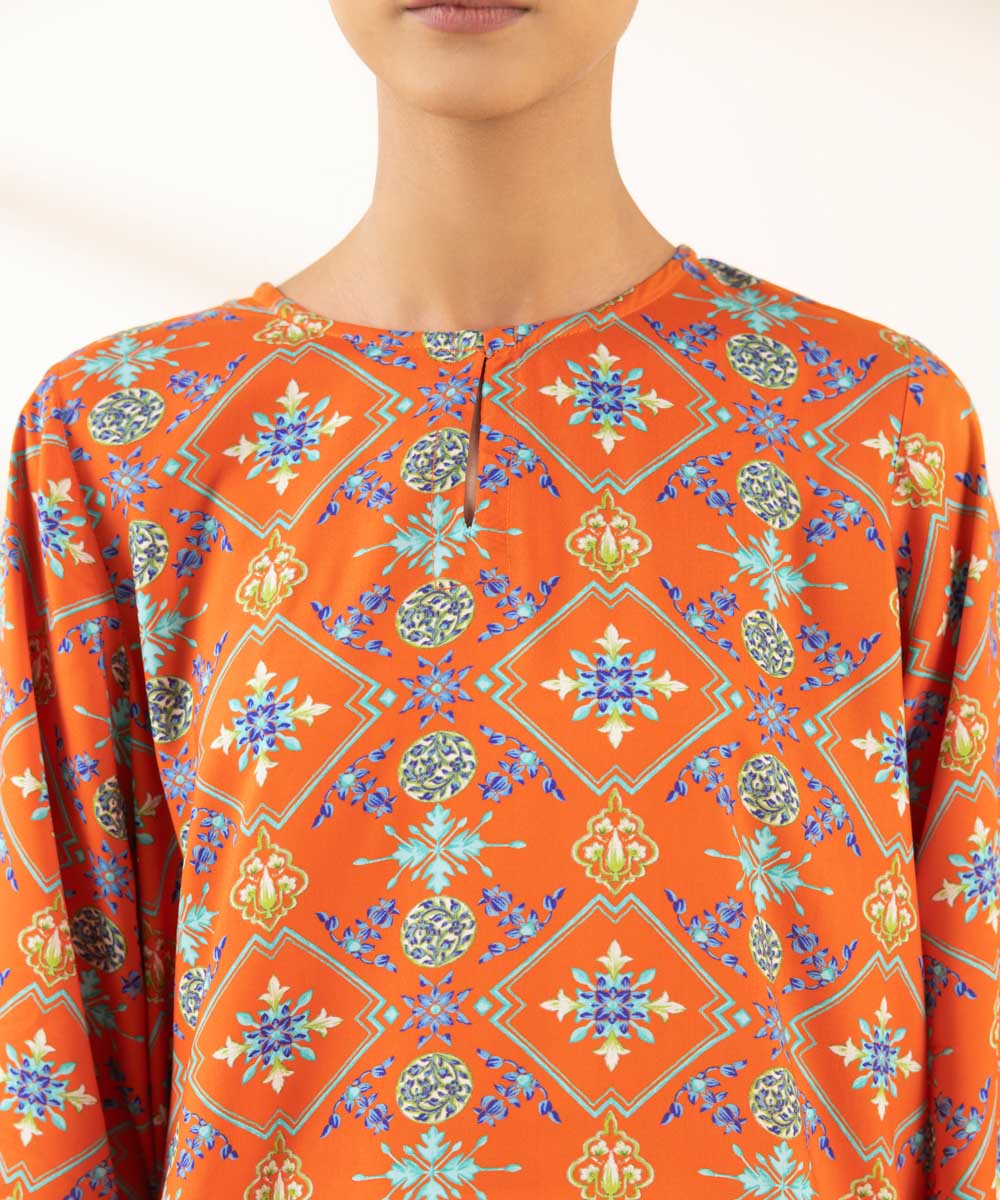 Women's Pret Arabic Lawn Printed Orange A-Line Shirt