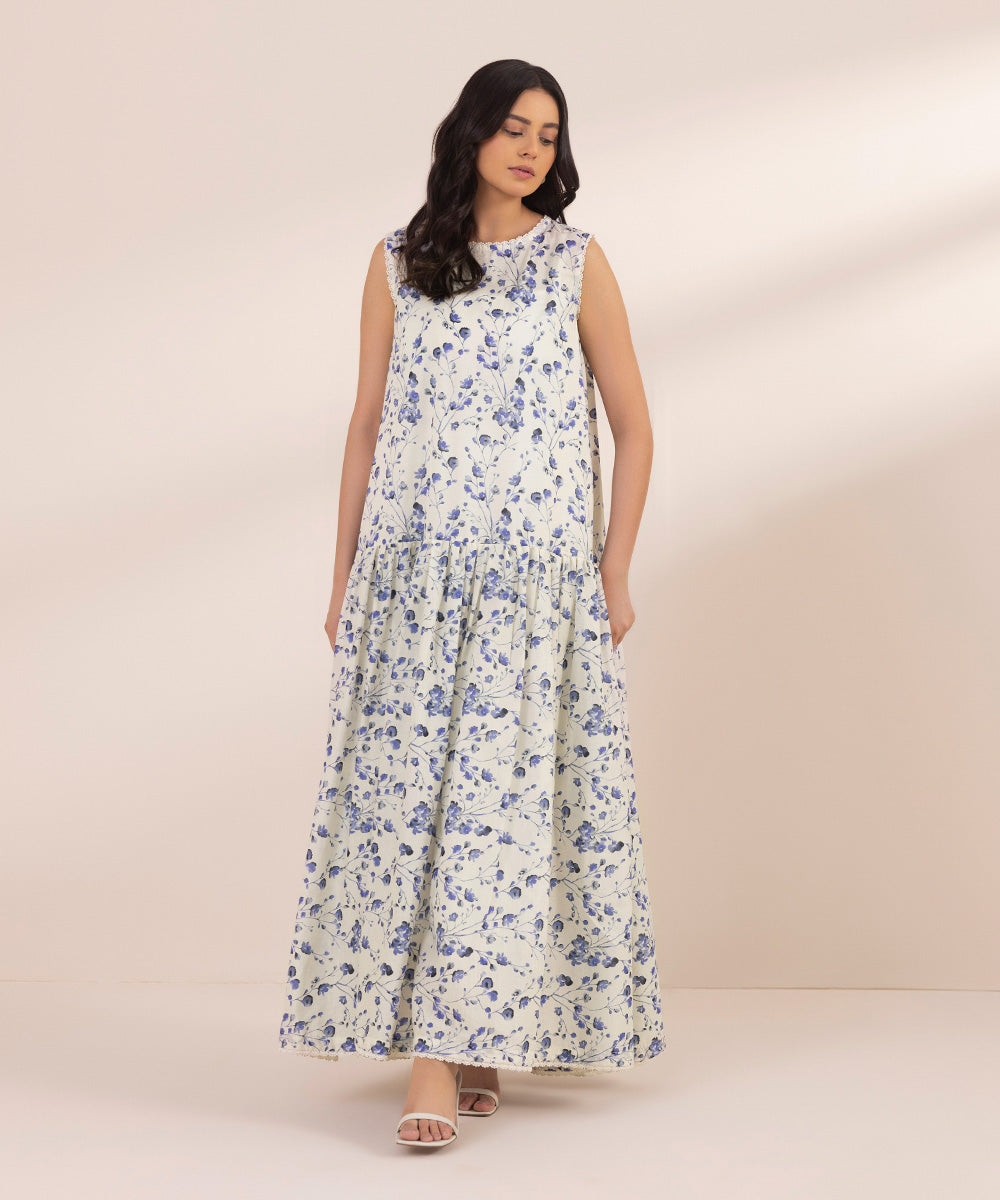 Women's Pret Textured Lawn Printed White Tier Dress