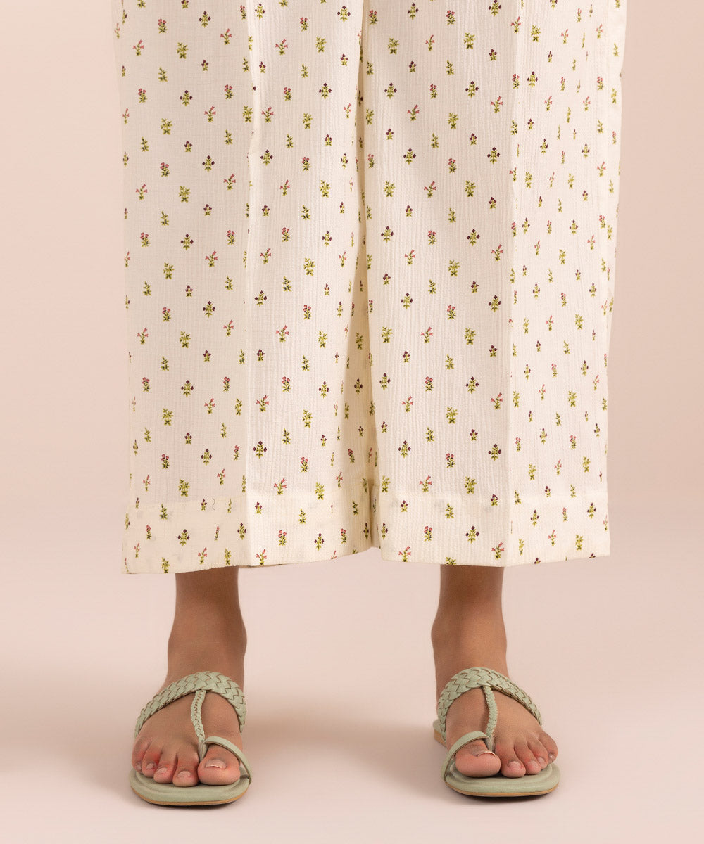 Women's Pret Seersucker Off White Printed Culottes