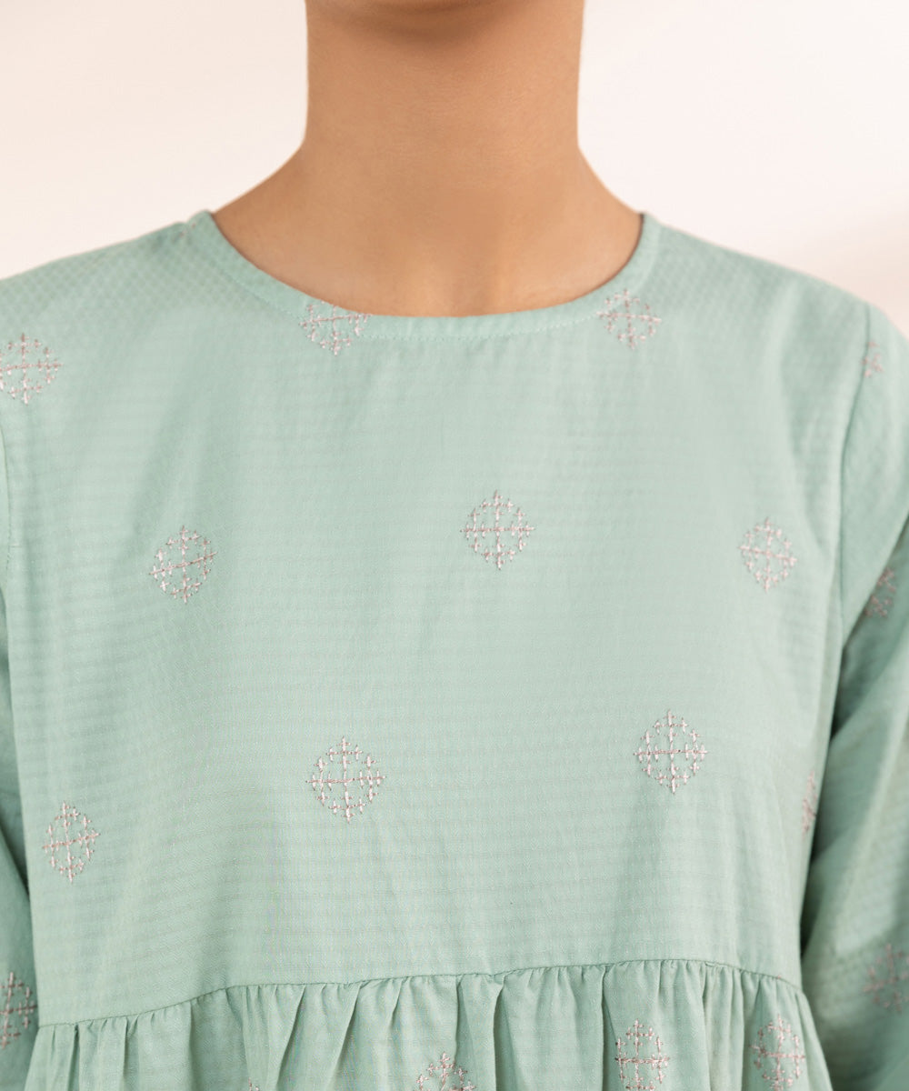 Women's Pret Dobby Green Embroidered Tier Dress