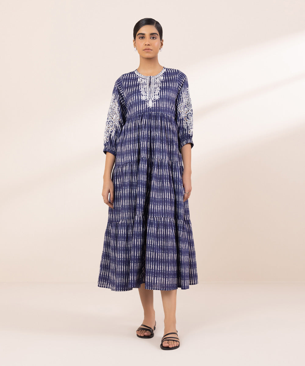 Women's Pret Lawn Embroidered Blue Tier Dress