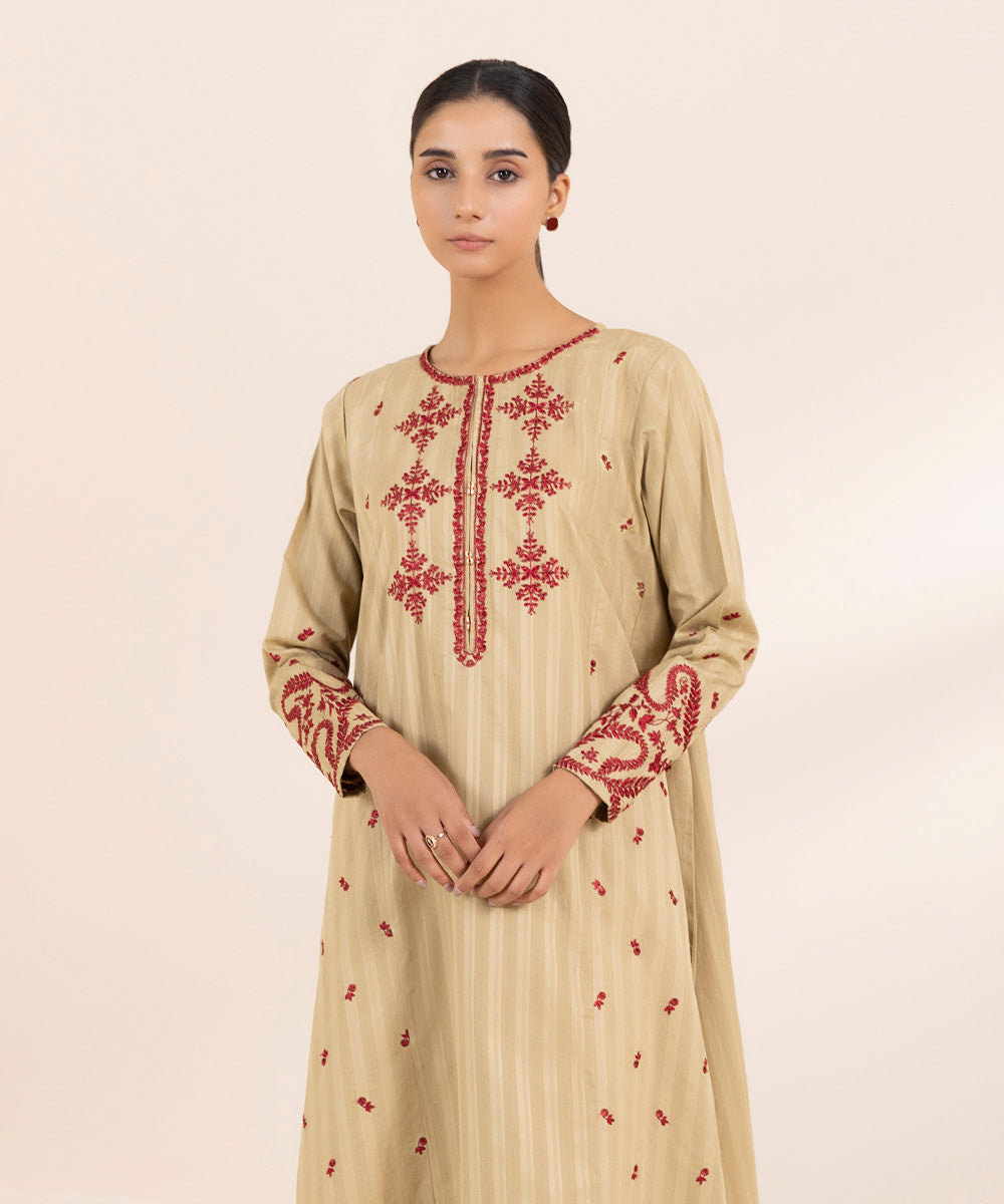 Women's Pret Dobby Beige Embroidered A-Line Shirt