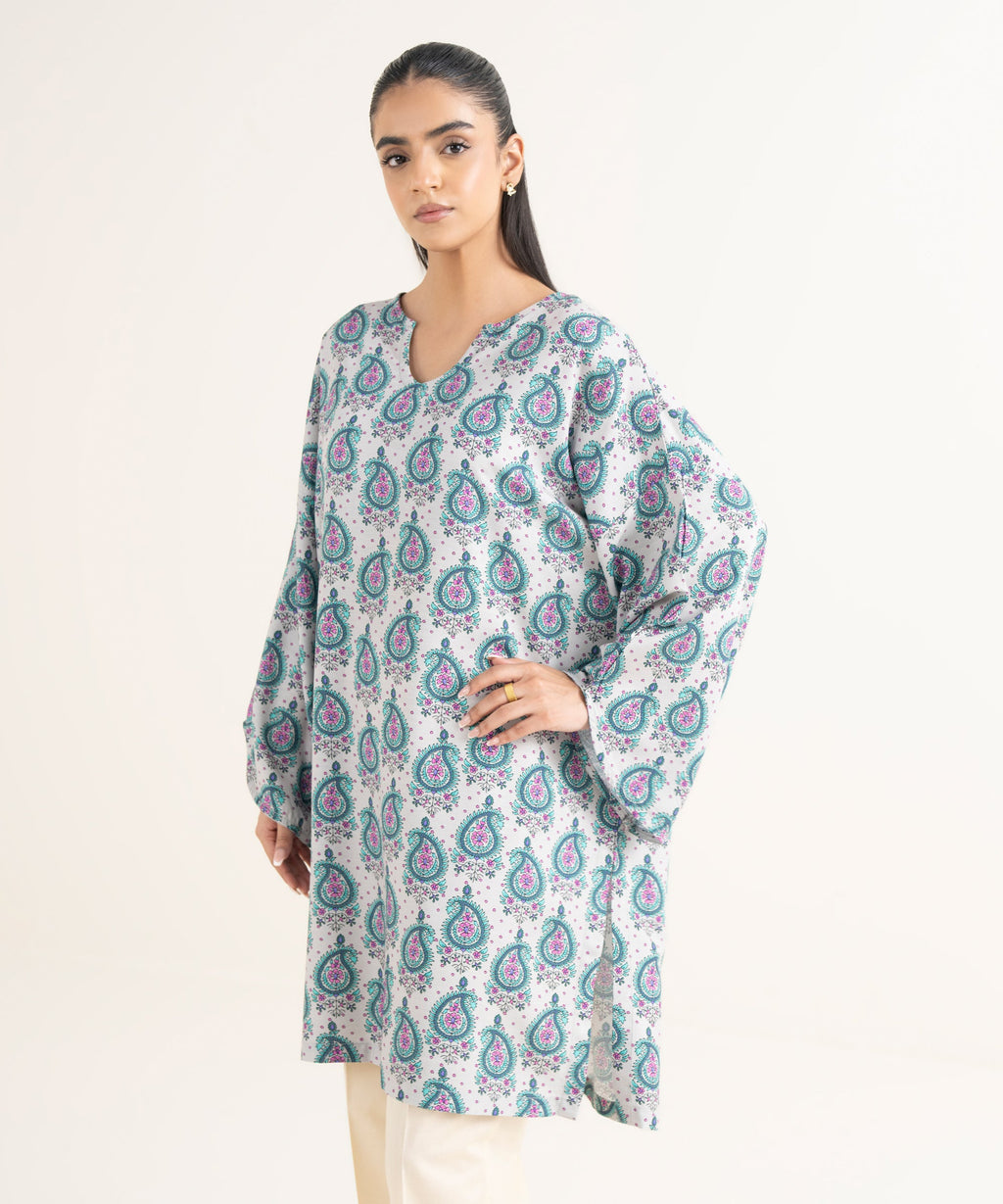 Women's RTW Textured Viscose Printed Drop Shoulder Grey Shirt