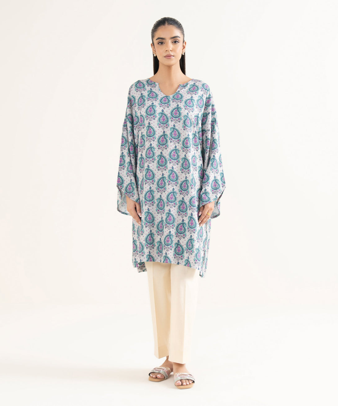 Women's RTW Textured Viscose Printed Drop Shoulder Grey Shirt