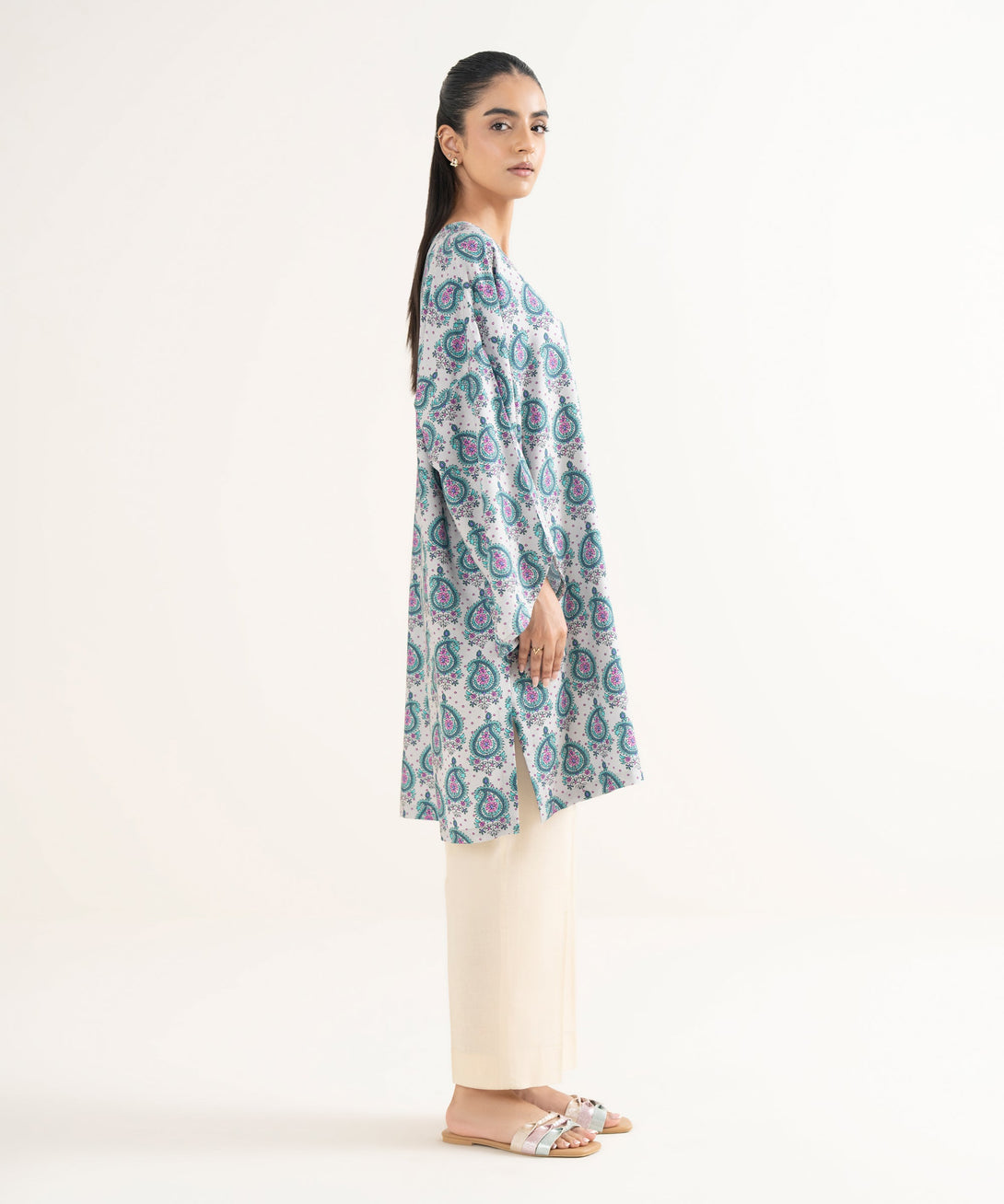 Women's RTW Textured Viscose Printed Drop Shoulder Grey Shirt