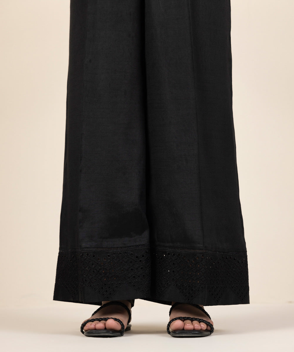 Women's Pret Viscose Raw Silk Embroidered Black Culottes