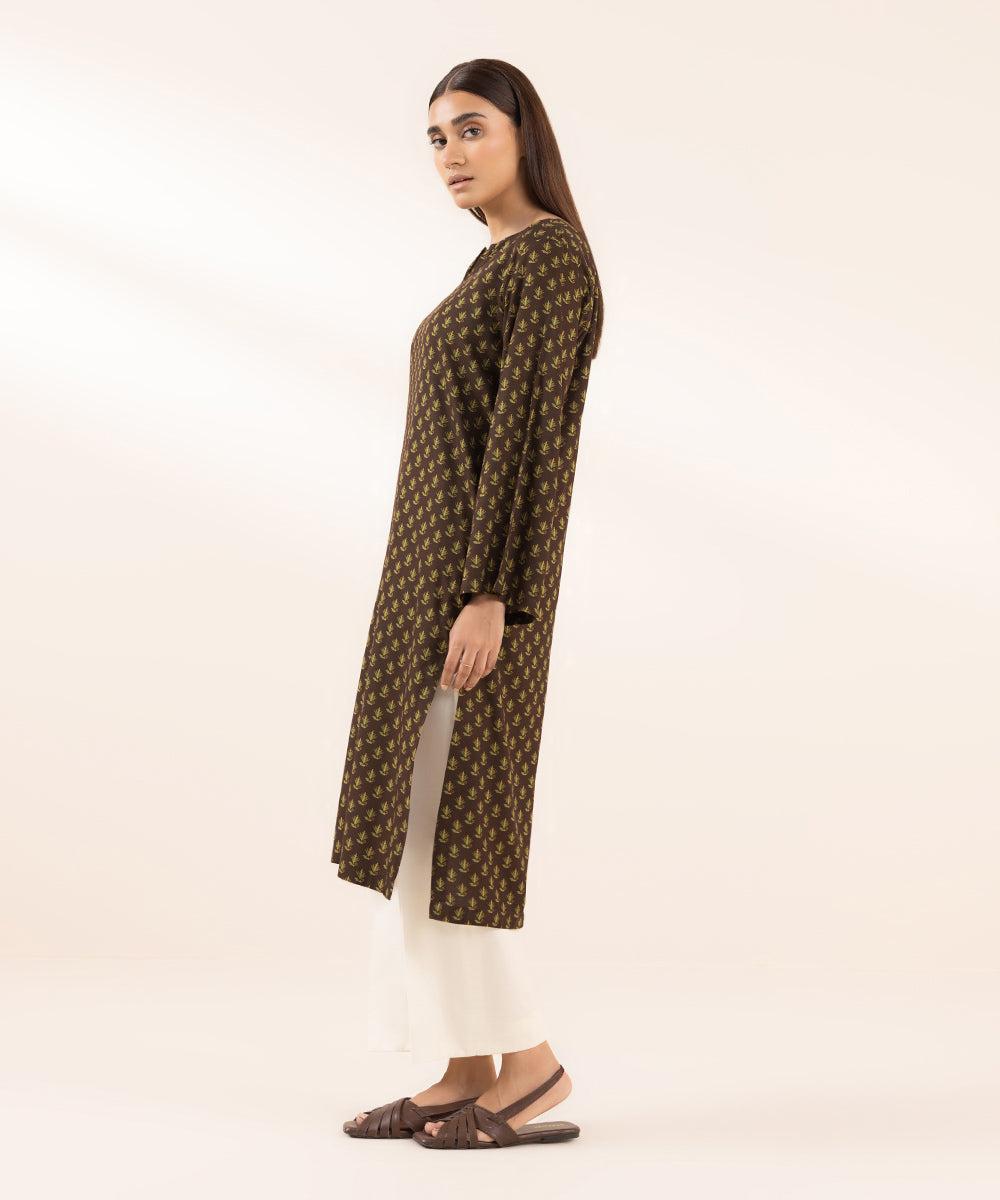 Women's Pret Arabic Lawn Printed Brown Straight Shirt