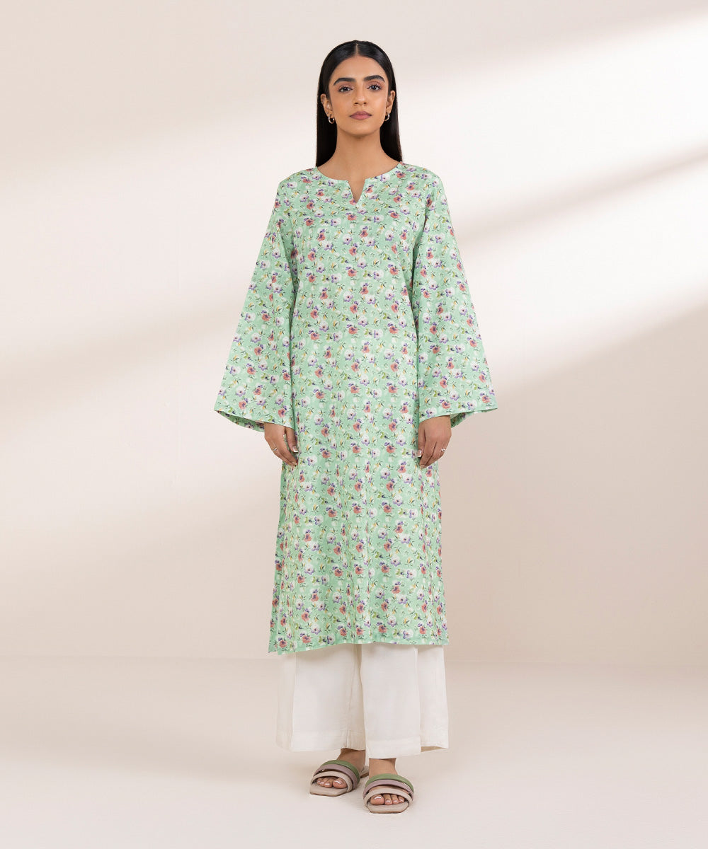 Women's Pret Khaddar Green Printed Straight Shirt