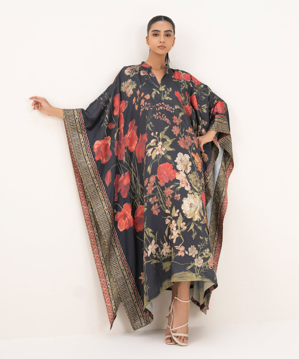 Women's RTW Blended Satin Black Printed Kaftan