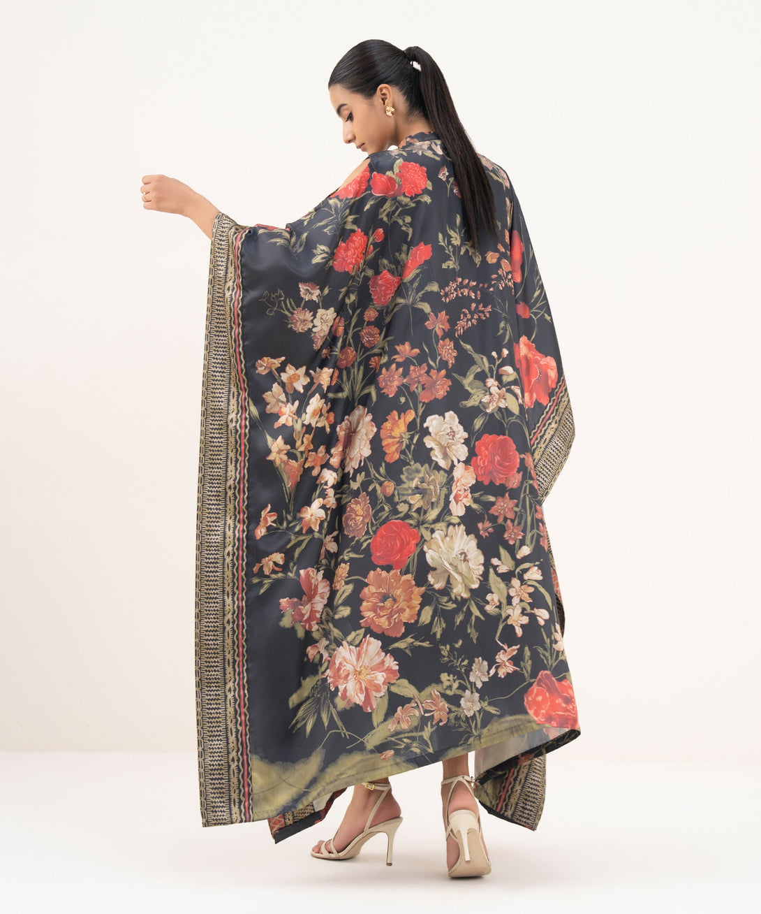 Women's RTW Blended Satin Black Printed Kaftan