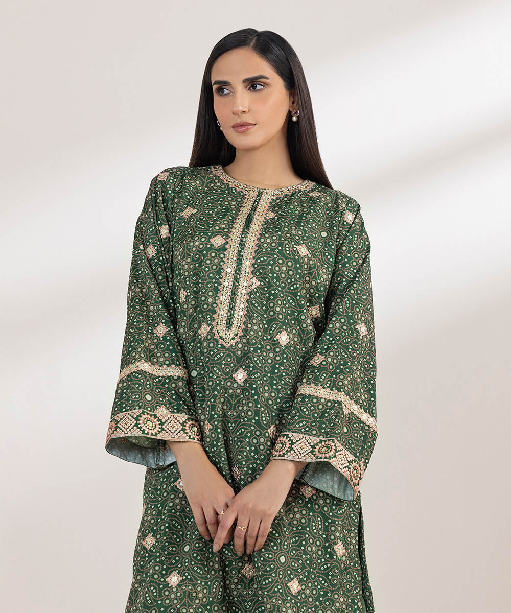 Women's Pret Blended Grip Green Printed Embroidered Two Piece Suit