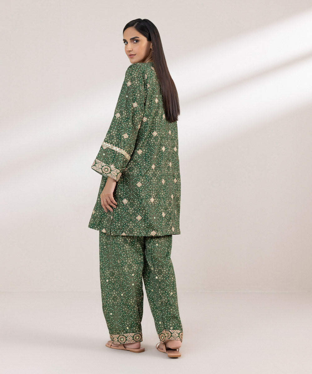 Women's Pret Blended Grip Green Printed Embroidered Two Piece Suit