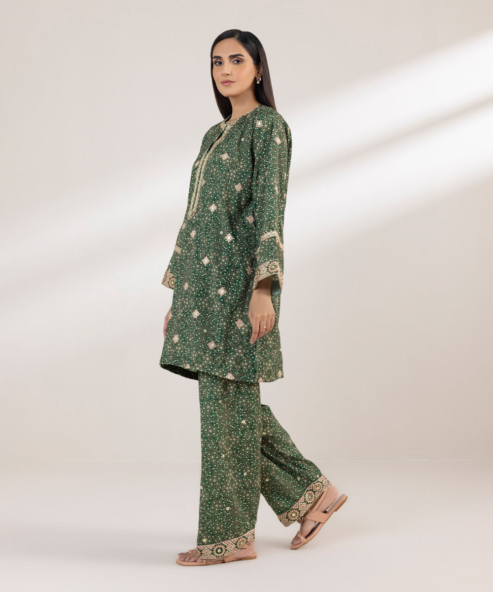 Women's Pret Blended Grip Green Printed Embroidered Two Piece Suit