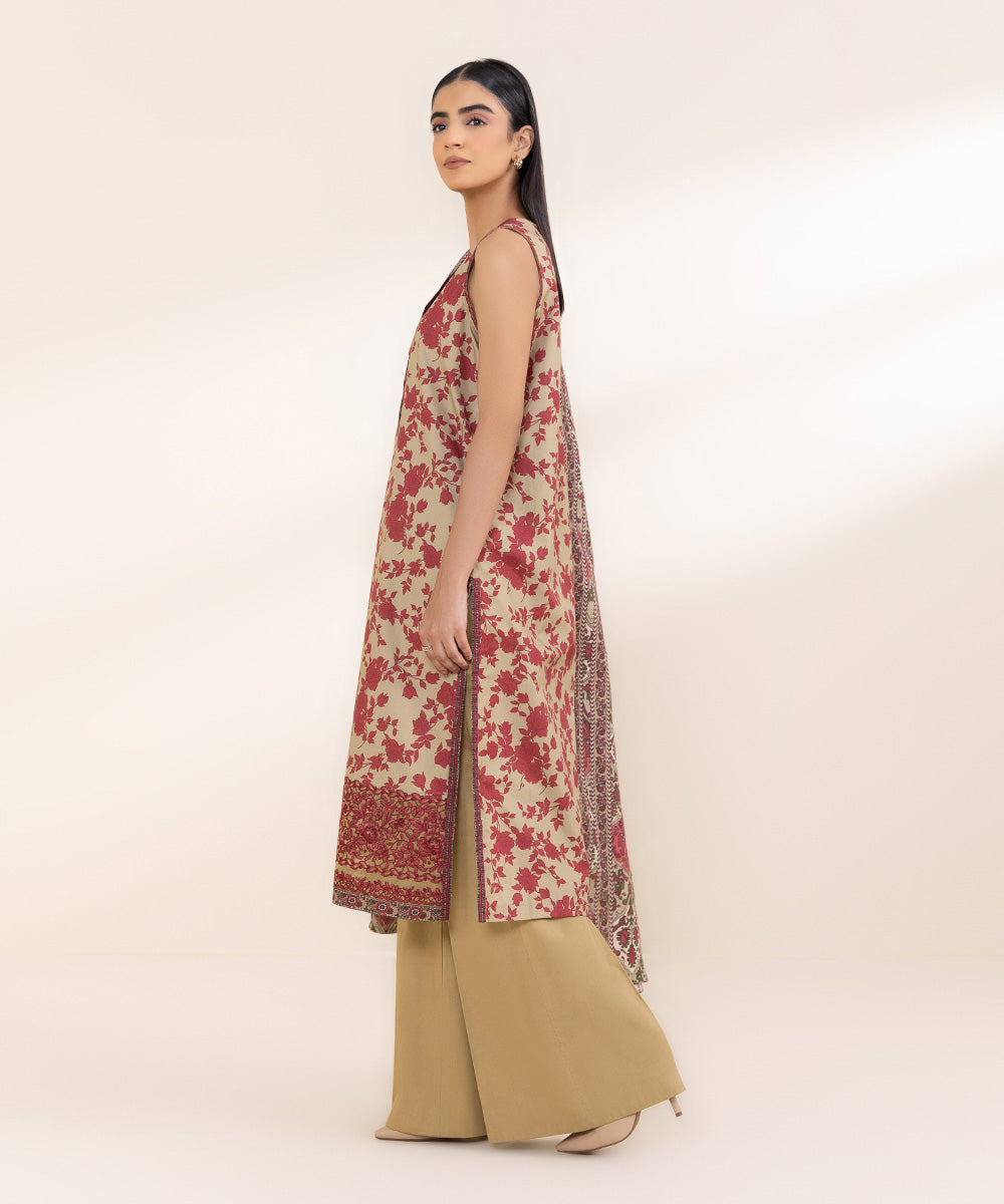 Women's Unstitched Embroidered Beige & Red Khaddar Three Piece Suit