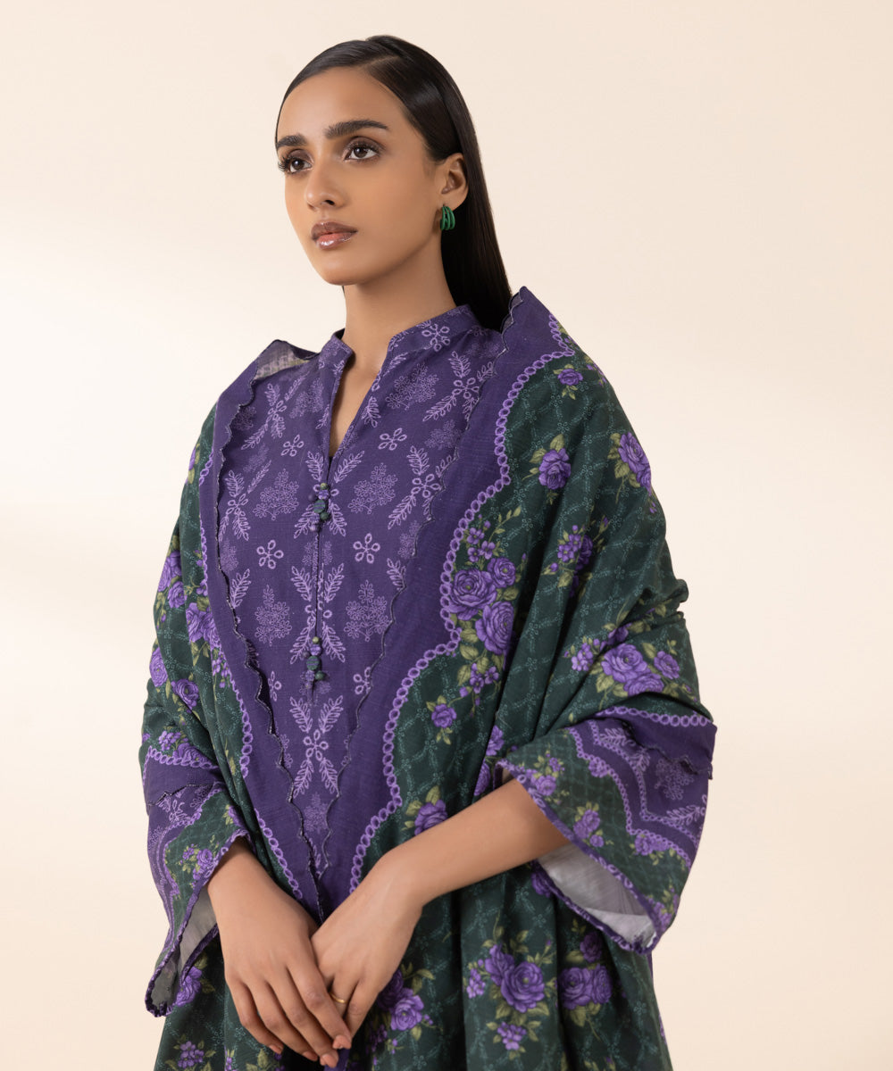 Women's Unstitched Khaddar Purple Printed 3 Piece Suit