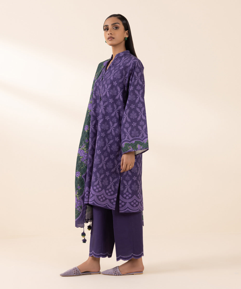 Women's Unstitched Khaddar Purple Printed 3 Piece Suit