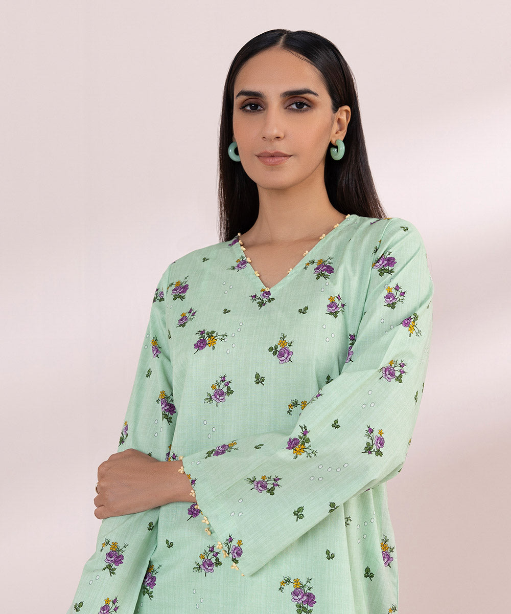 Women's Pret Cotton Green Printed Straight Shirt