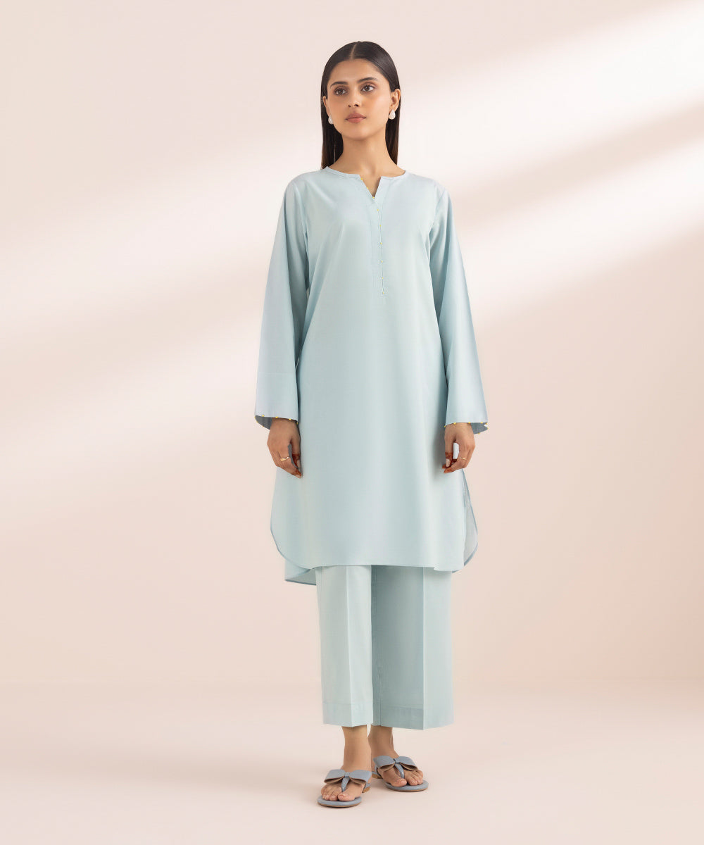 Women's Pret Cotton Blue Solid Straight Shirt