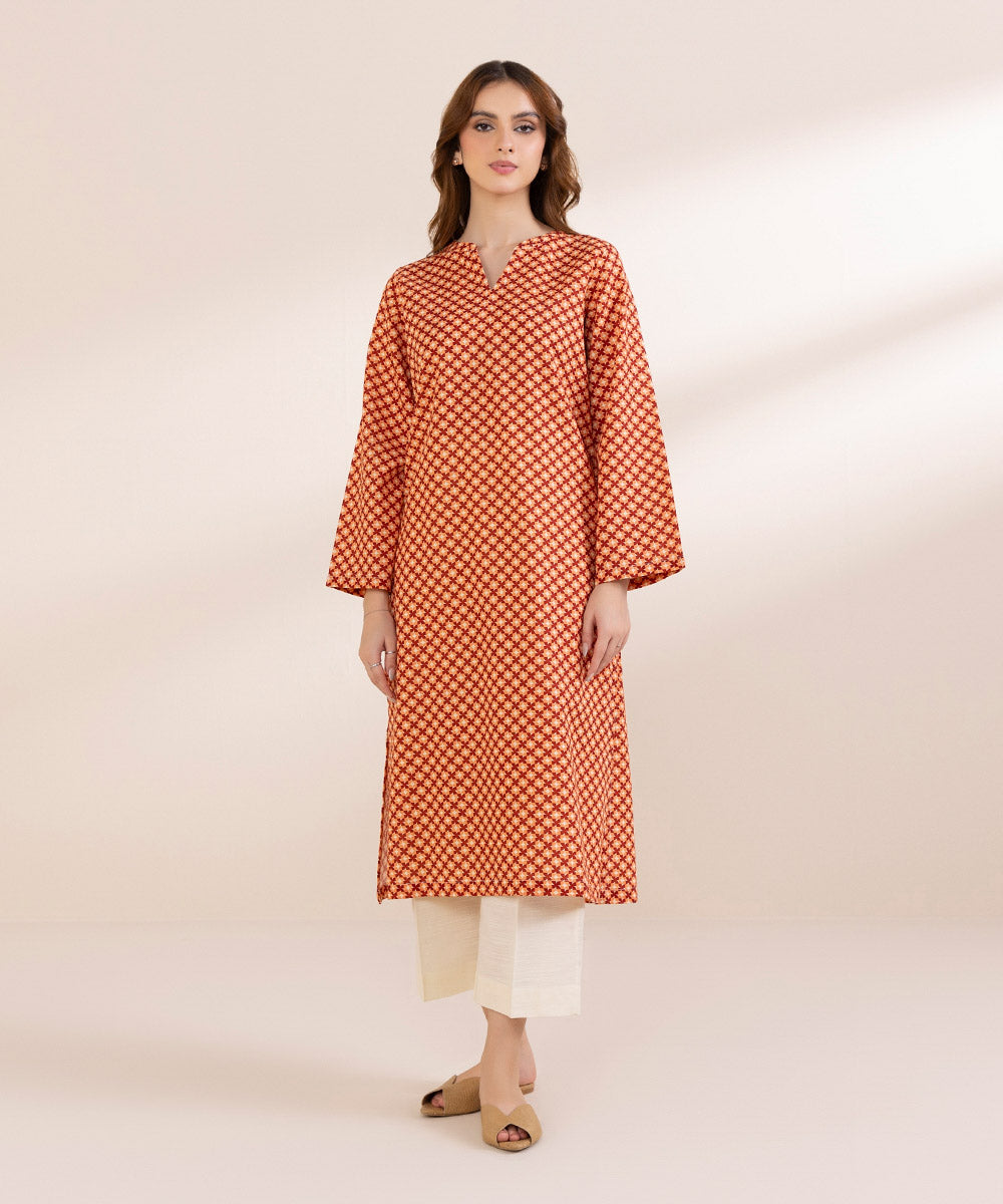 Women's Pret Khaddar Orange Printed Straight Shirt