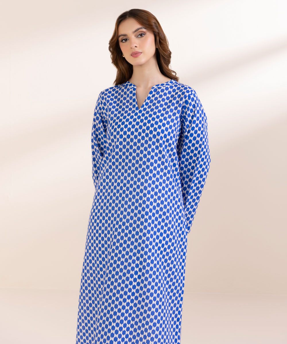 Women's Pret Khaddar Blue Printed A-Line Shirt