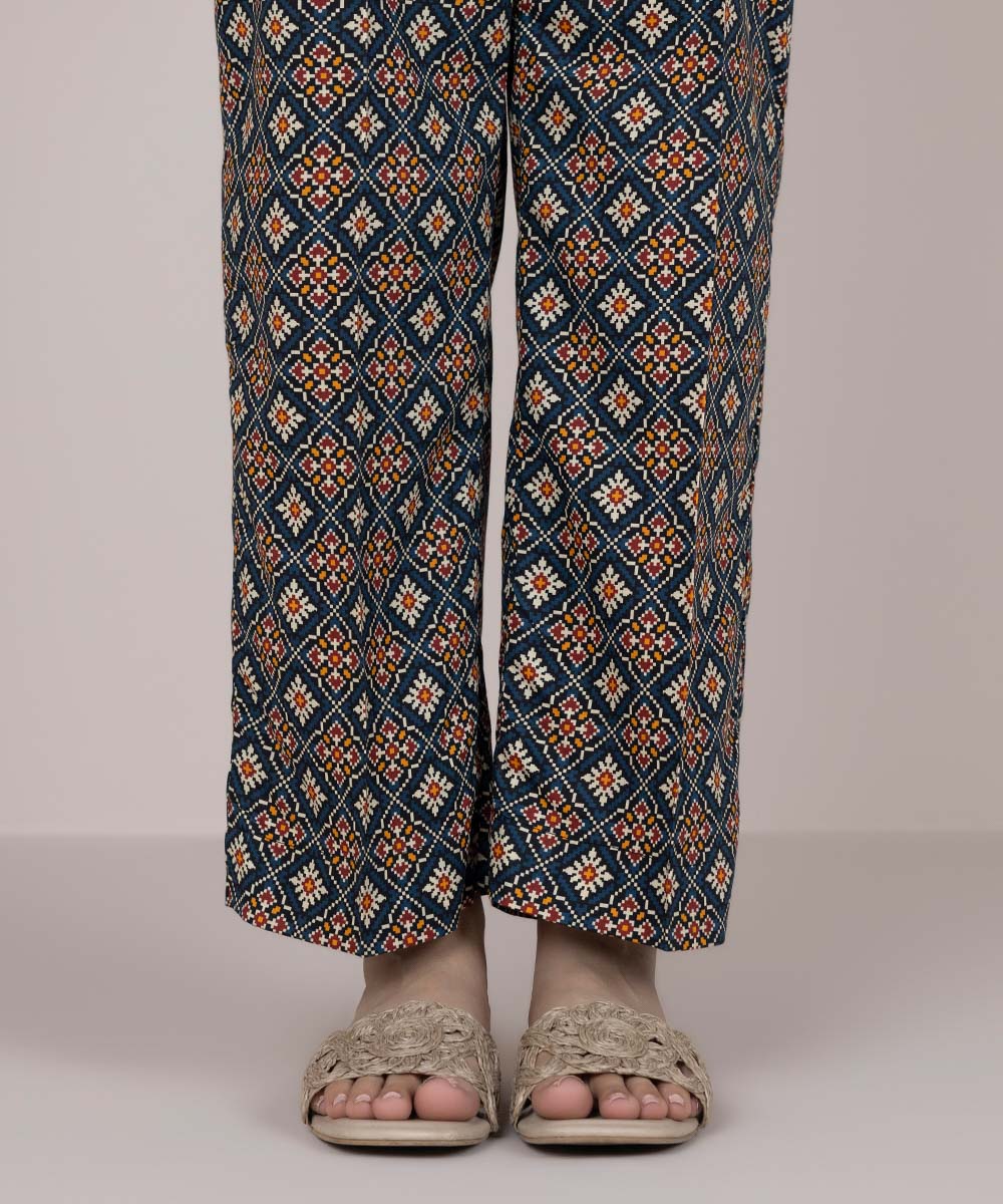 Women's Pret Cotton Blue Printed Straight Pants