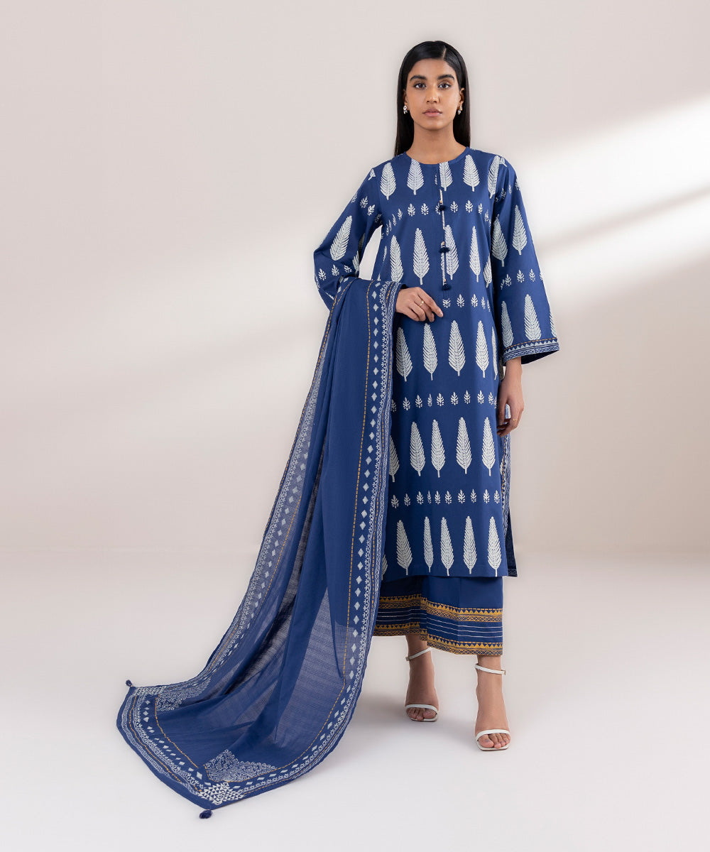 Textured Voile Blue Block Printed Dupatta