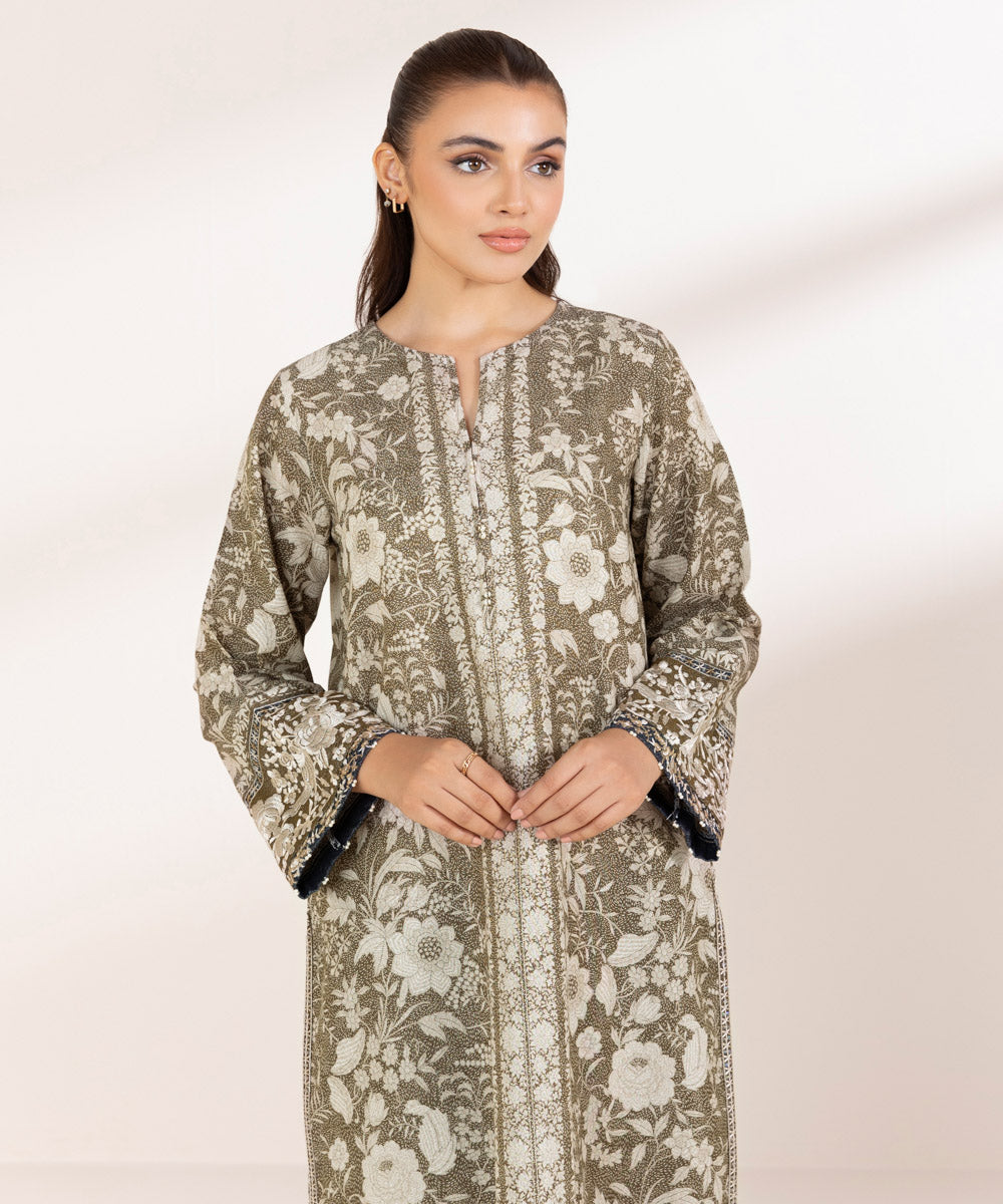 Women's Pret Karandi Embroidered Olive Green A-Line Shirt