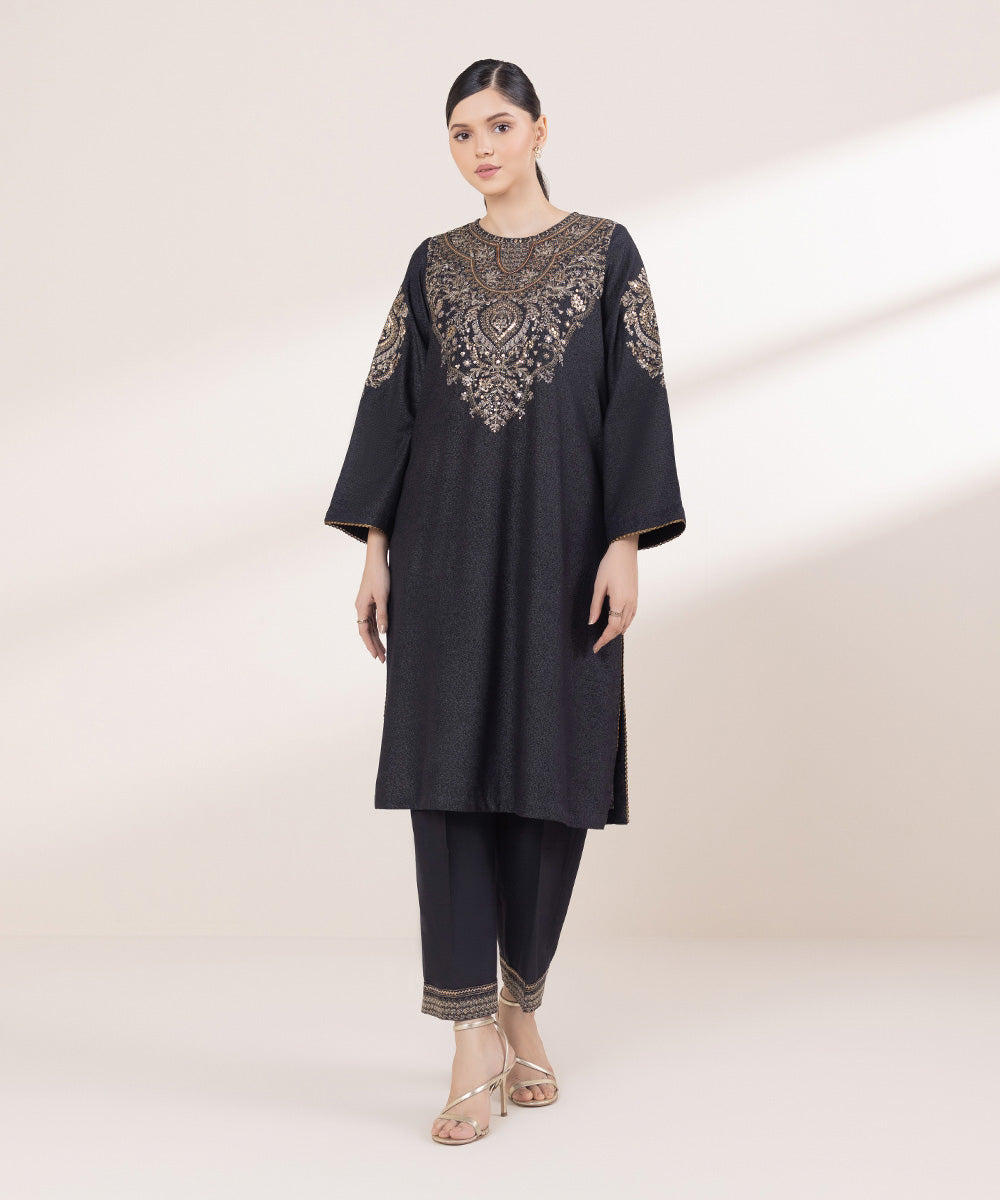 Women's Pret Karandi Embroidered Black Straight Shirt