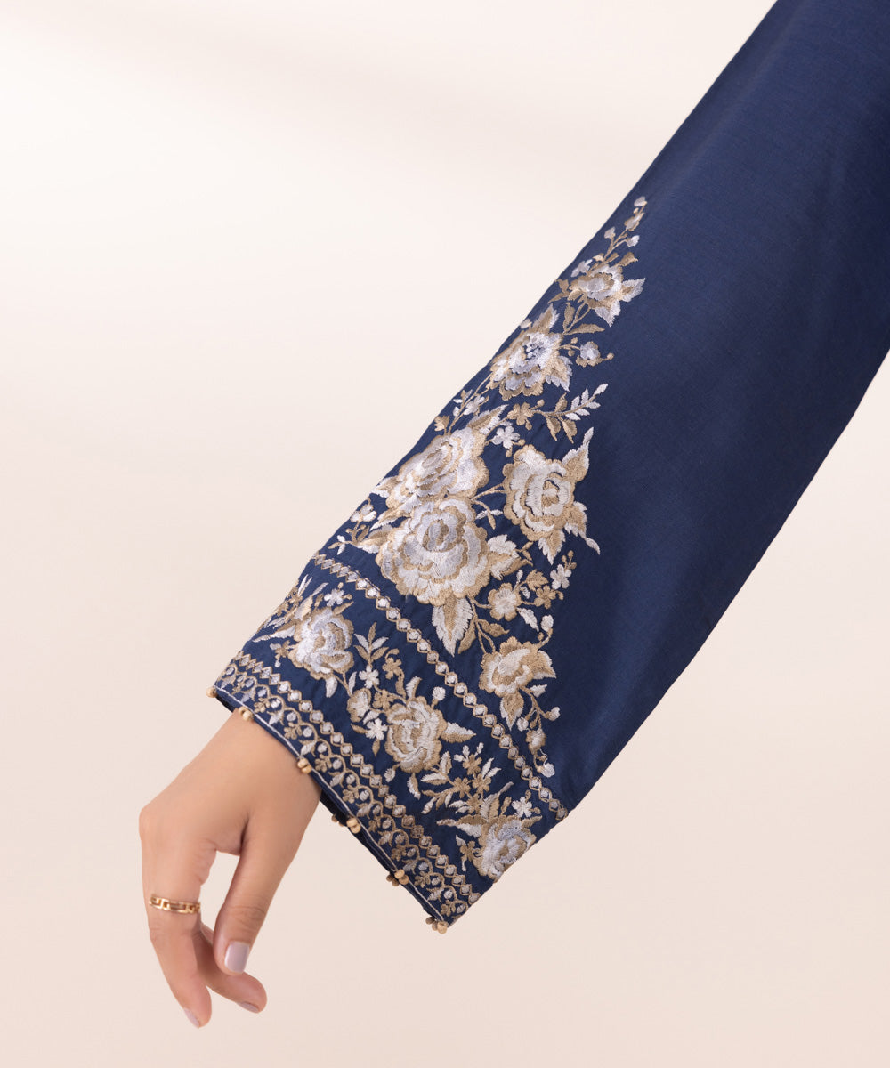 Women's Pret Karandi Blue Embroidered Straight Shirt