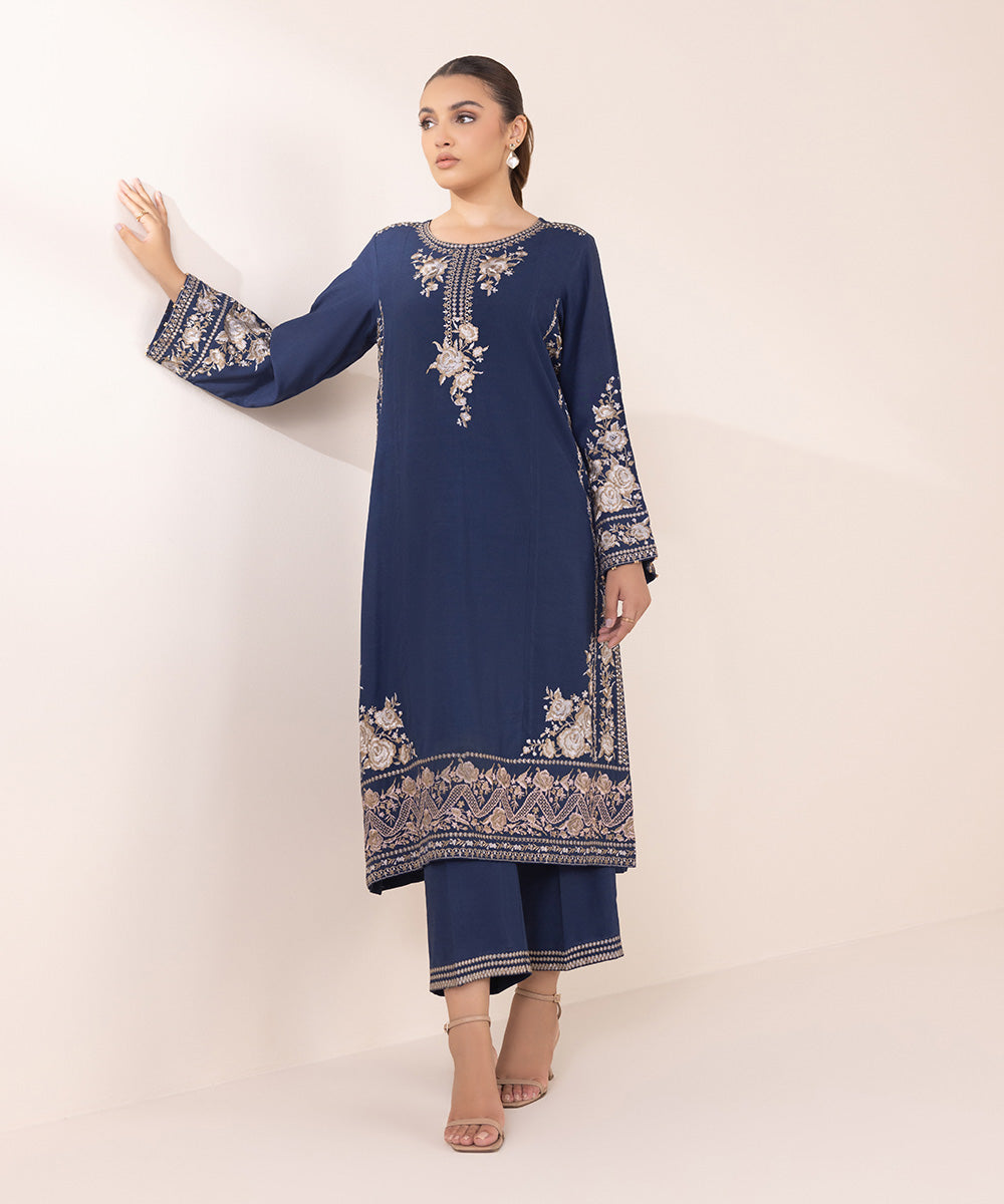 Women's Pret Karandi Blue Embroidered Straight Shirt