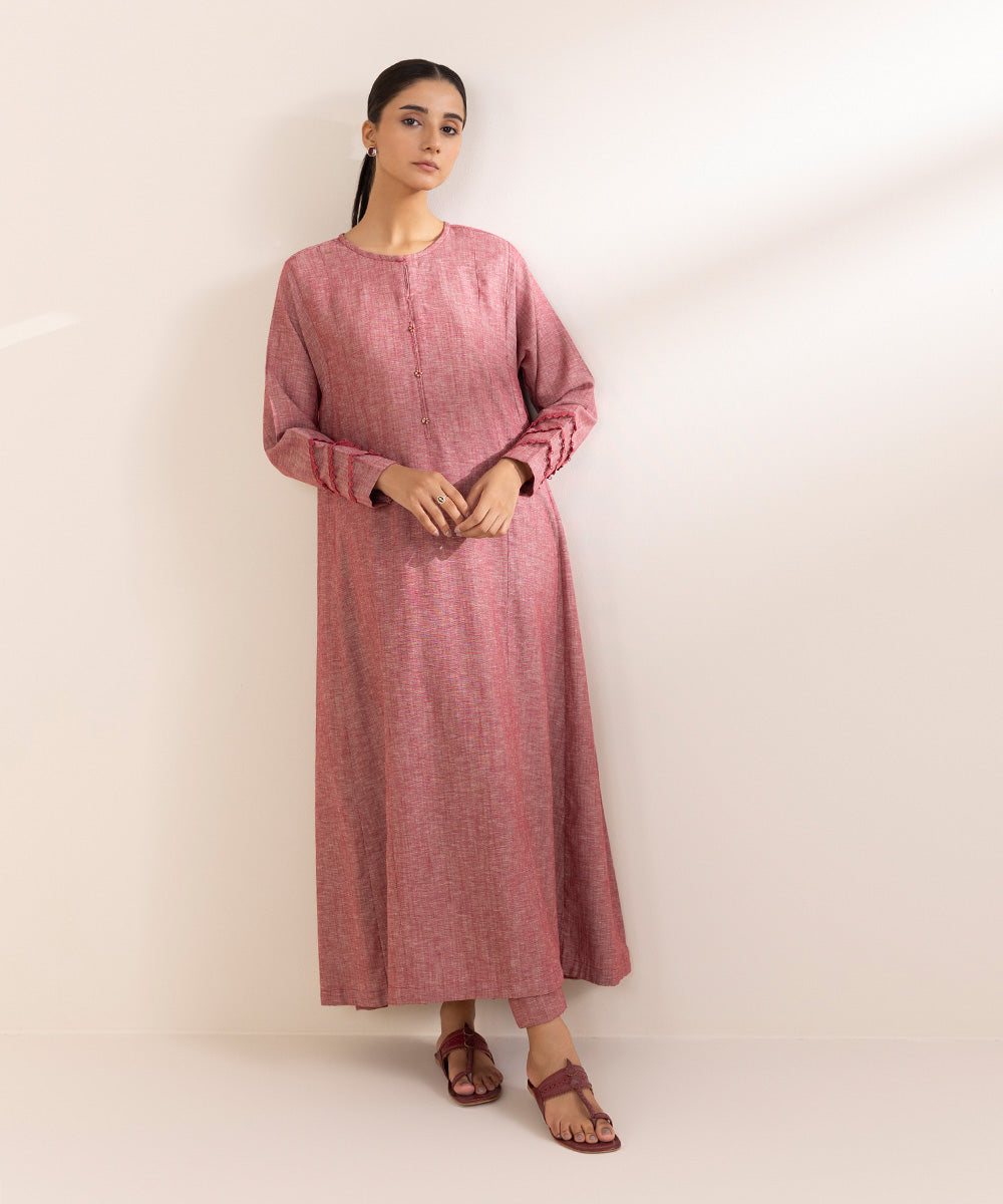 Women's Pret Cotton Linen Pink Solid A-Line Shirt