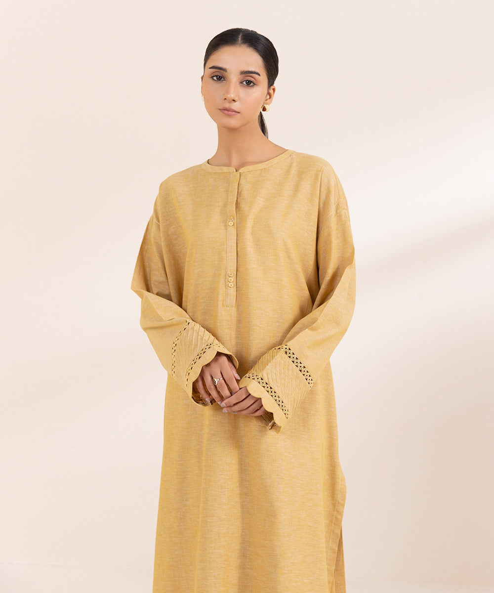 Women's Pret Cotton Linen Yellow Solid A-Line Shirt