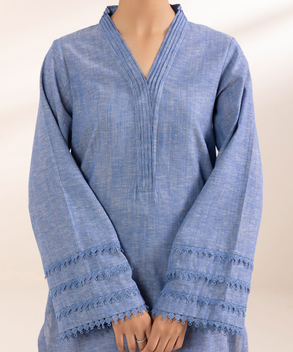 Women's Pret Cotton Linen Blue Solid A-Line Shirt