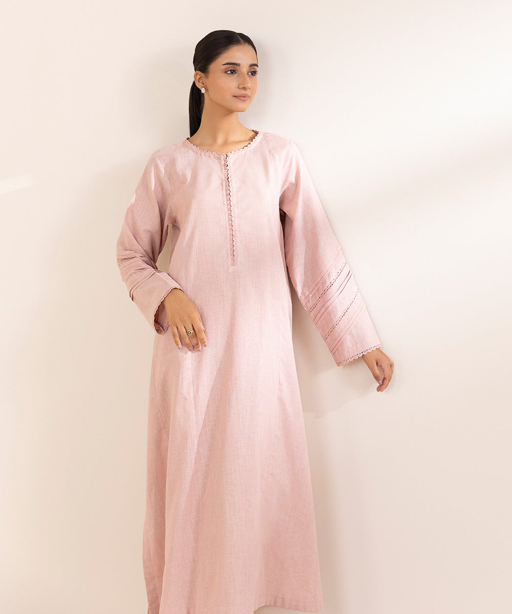 Women's Pret Cotton Linen Pink Solid A-Line Shirt