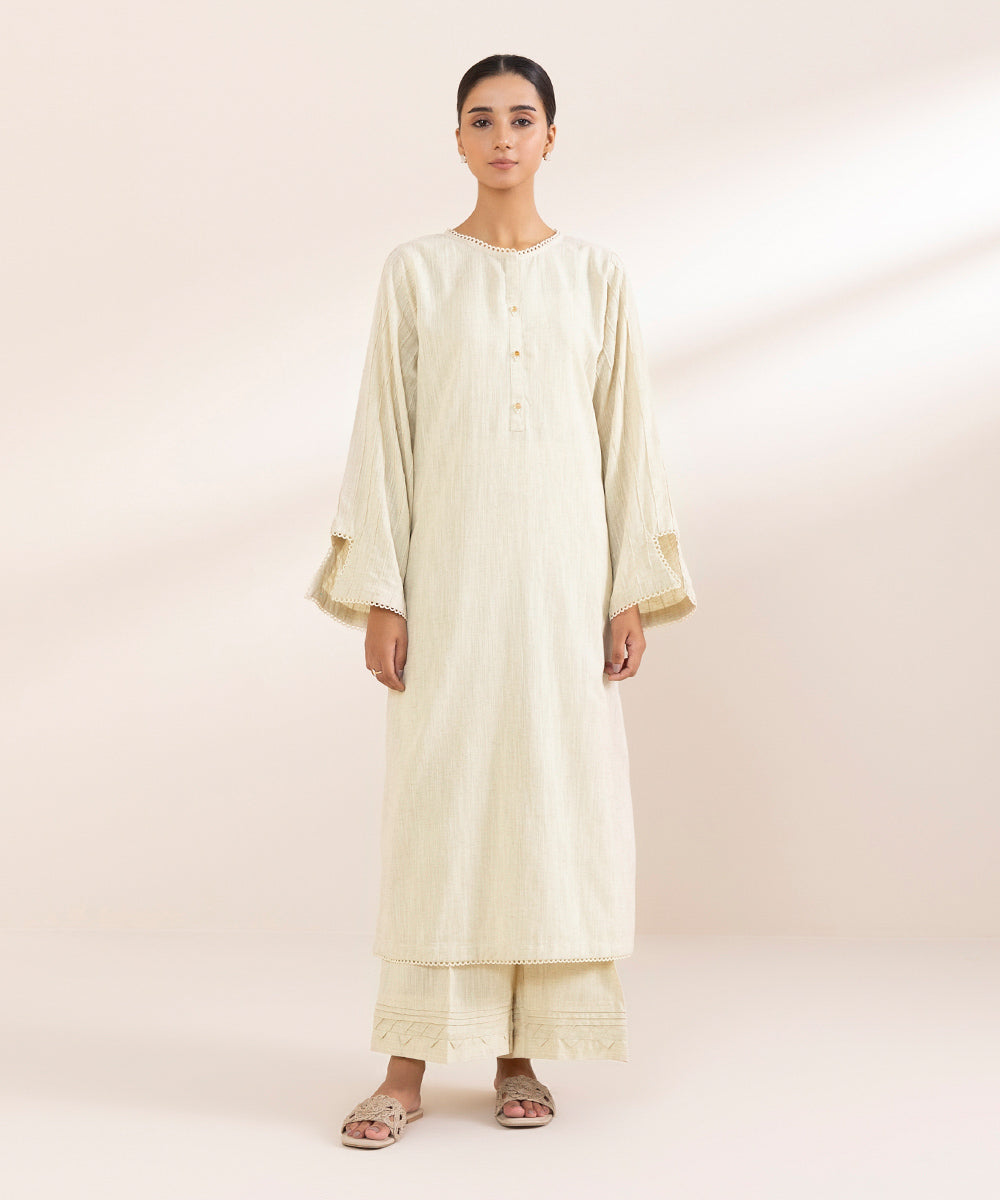 Women's Pret Cotton Linen Off White Solid A-Line Shirt