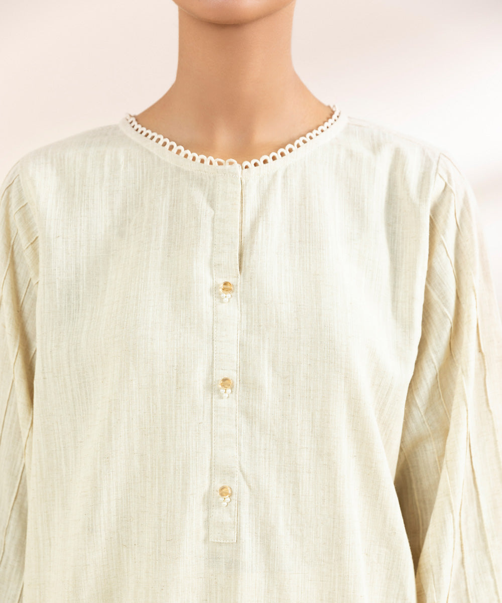 Women's Pret Cotton Linen Off White Solid A-Line Shirt