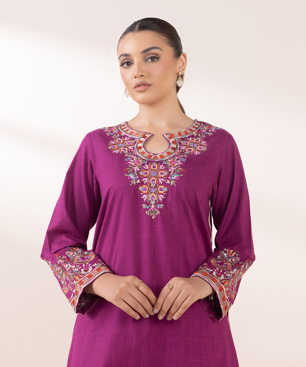 Women's Pret Textured Cotton Purple Embroidered A-Line Shirt