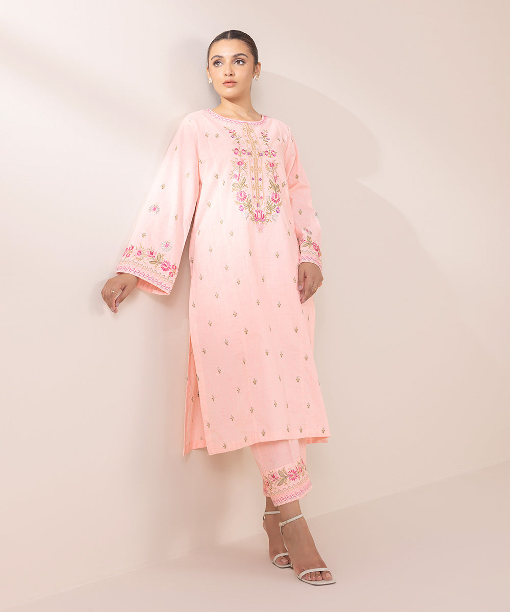 Women's Pret Textured Cotton Pink Embroidered A-Line Shirt