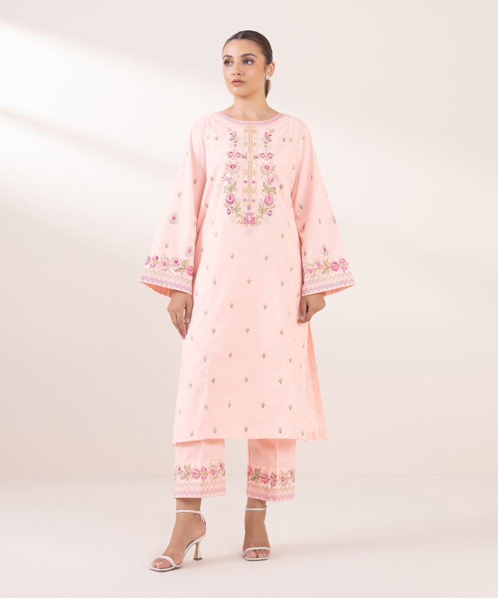 Women's Pret Textured Cotton Pink Embroidered A-Line Shirt